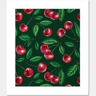 Red cherries on dark green Posters and Art